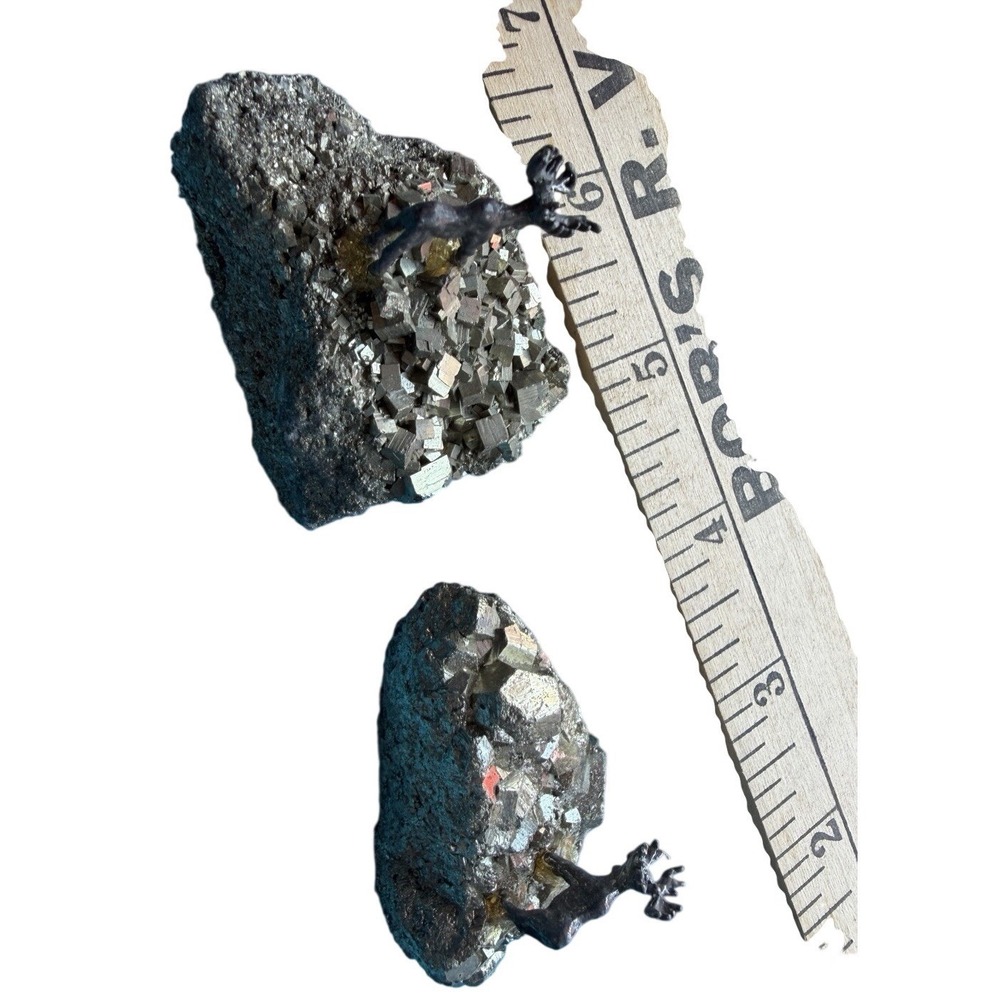 2 Vintage Pewter Moose on Iron Pyrite Crystal Nugget Fool's Gold Wildlife